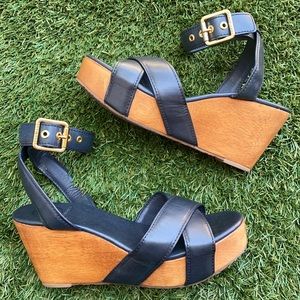 Tory Burch Leather Criss Cross Wooden Wedge Sandal